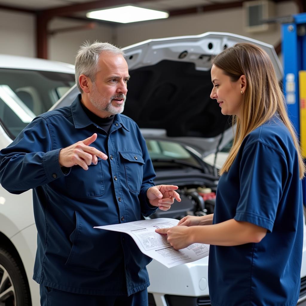 Mechanic in Gloucester, NJ Explaining Car Repair to Customer