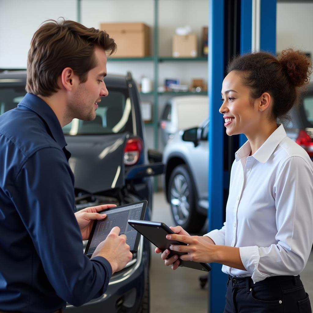 Car service advisor discussing repair options with a customer in Grand Cayman