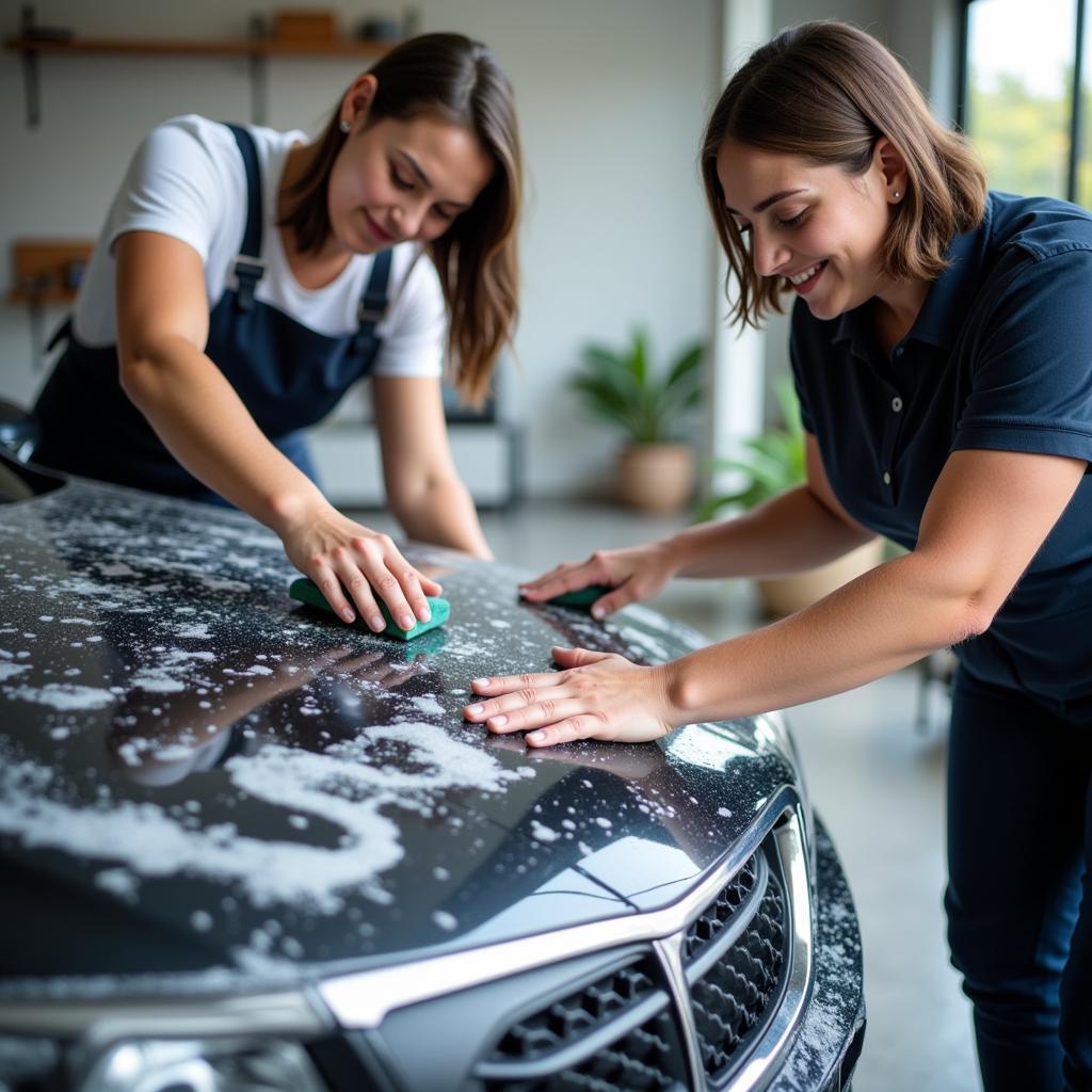 Two people hand washing a car with sponges