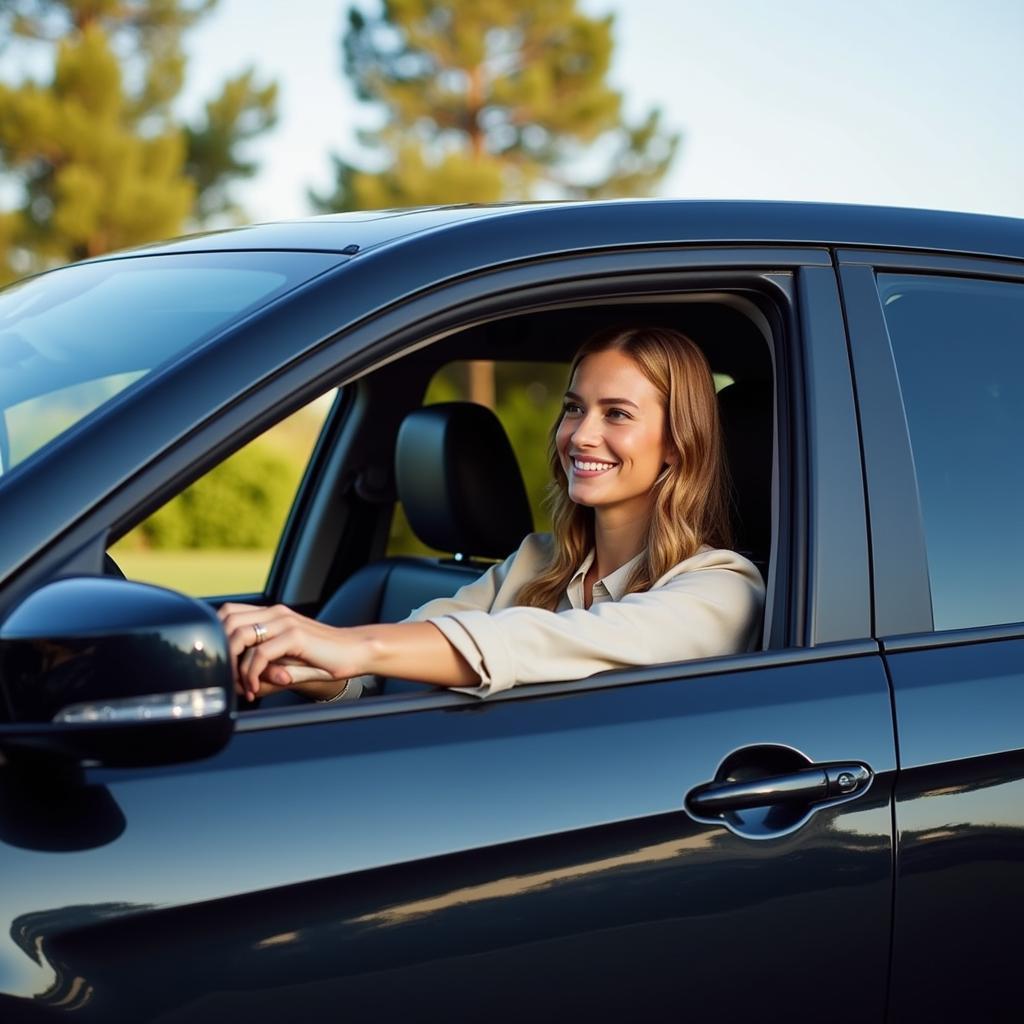 Acura owner driving away in a loaner car, satisfied with the service experience