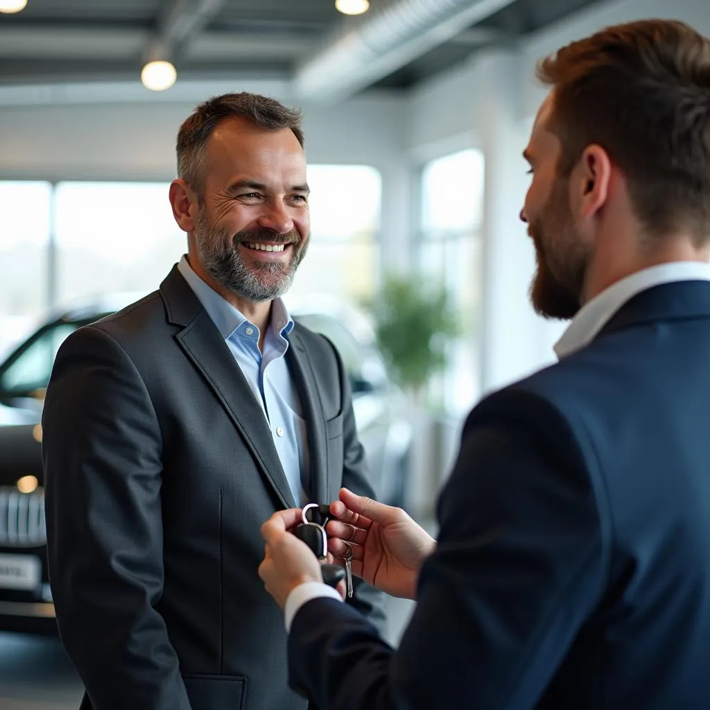 Happy BMW Owner Receiving Keys at Guildford Service Center