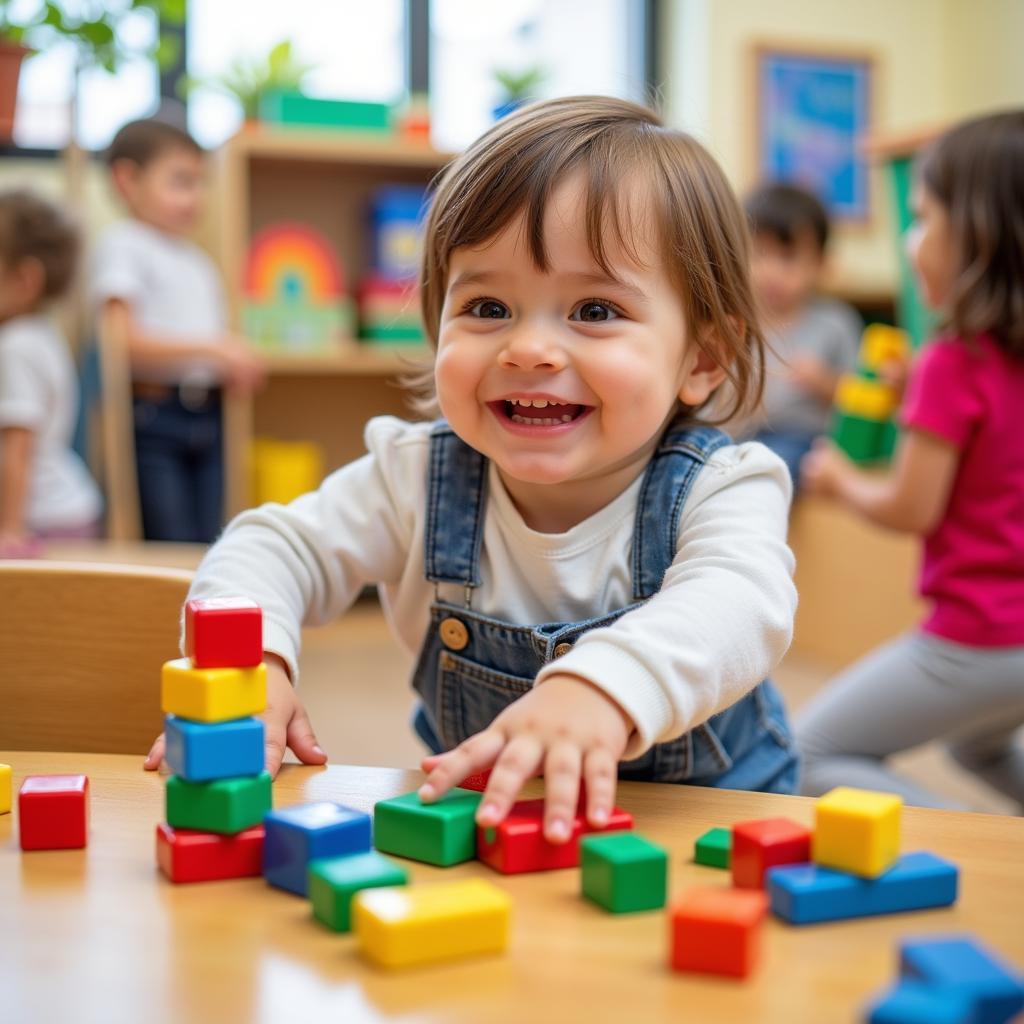 A happy child participates in activities at a daycare center 