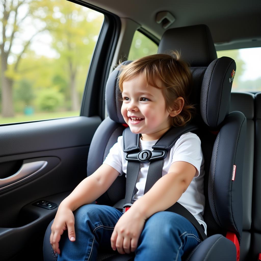 Smiling child secured in a car seat during a safe car ride in Nashville