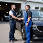 Smiling customer receiving car keys at a Canning Town garage