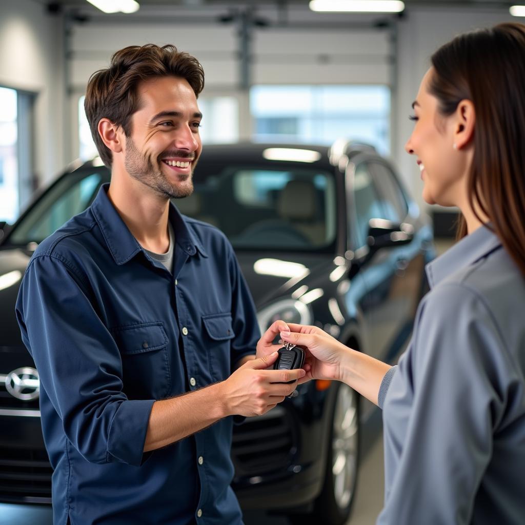 A satisfied customer receives their car keys at a car service center in Tipton