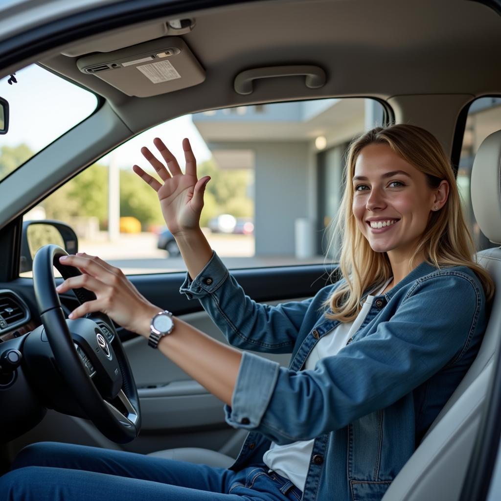 a happy customer waving as they drive away from a car service center