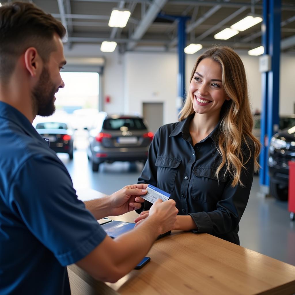 Happy Customer Paying for Car Service