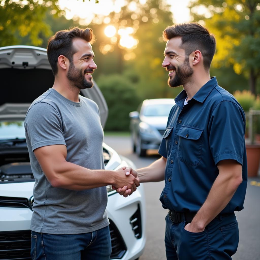 Happy Customer Shaking Hands with Mechanic