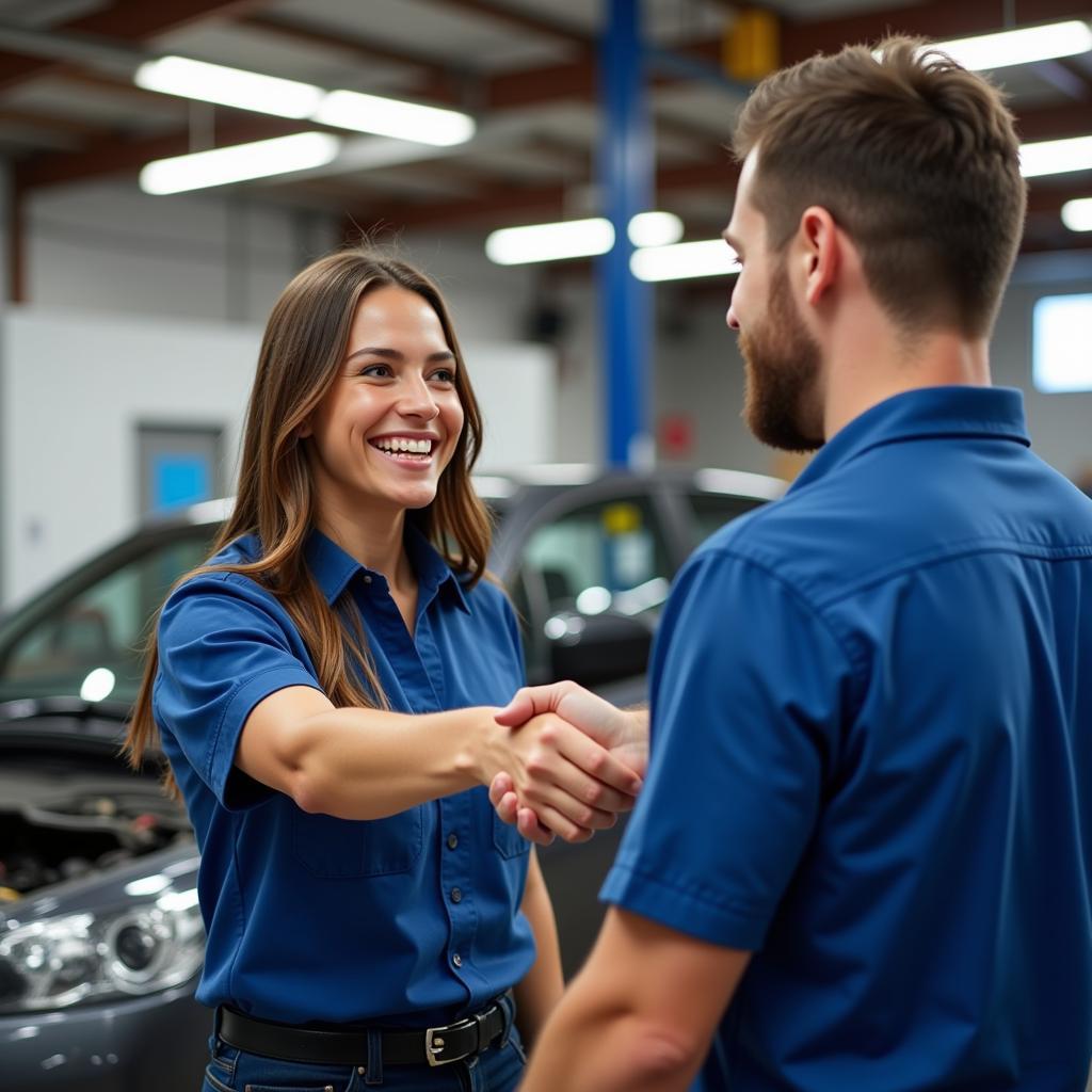 Smiling customer receiving car keys from mechanic 