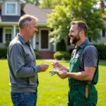 A homeowner expressing gratitude by tipping a lawn care worker