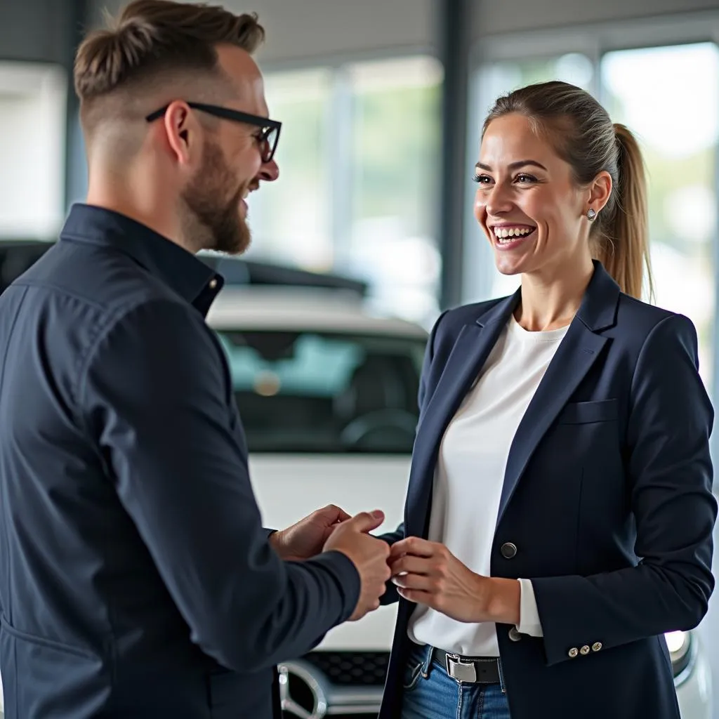 A satisfied Mercedes owner receiving their car keys from a service advisor in Loveland.