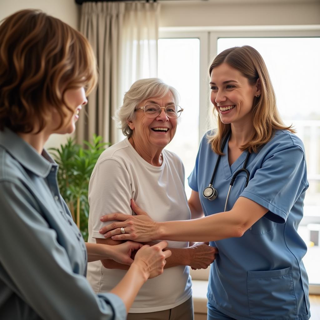 Happy senior couple at home with caregiver