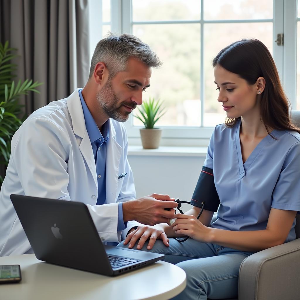  A healthcare provider demonstrating how to use a telemonitoring device to a patient. 