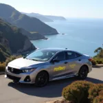 A Hertz rental car parked in front of a scenic backdrop.