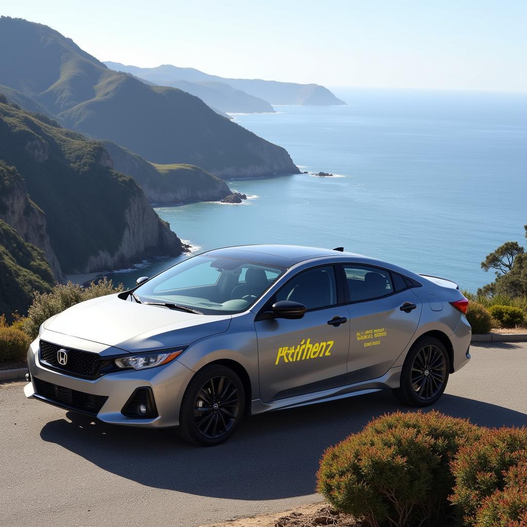 A Hertz rental car parked in front of a scenic backdrop.