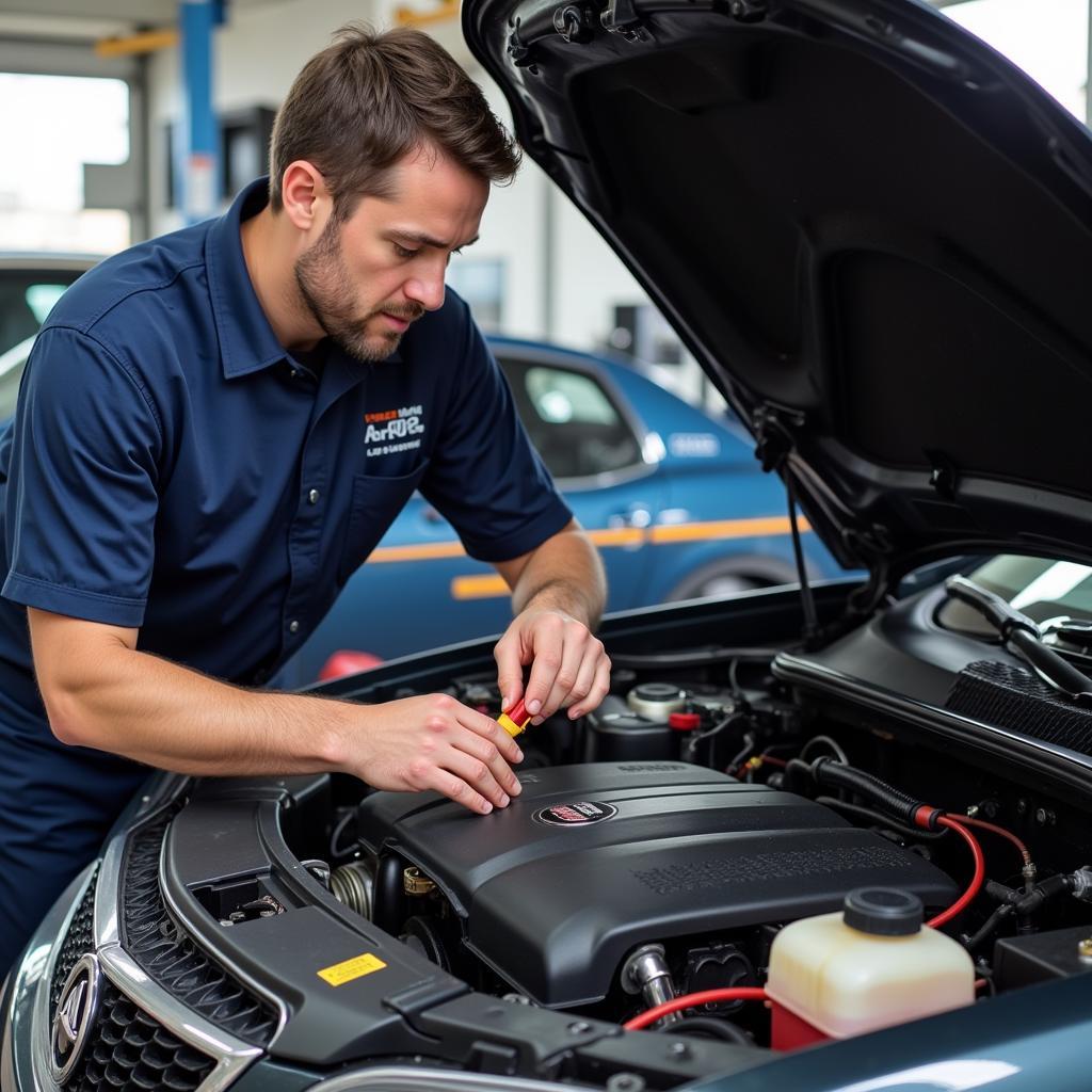 Mechanic Performing Routine Maintenance on a Holden Commodore