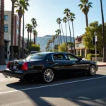 Black car limo cruising down a Hollywood street