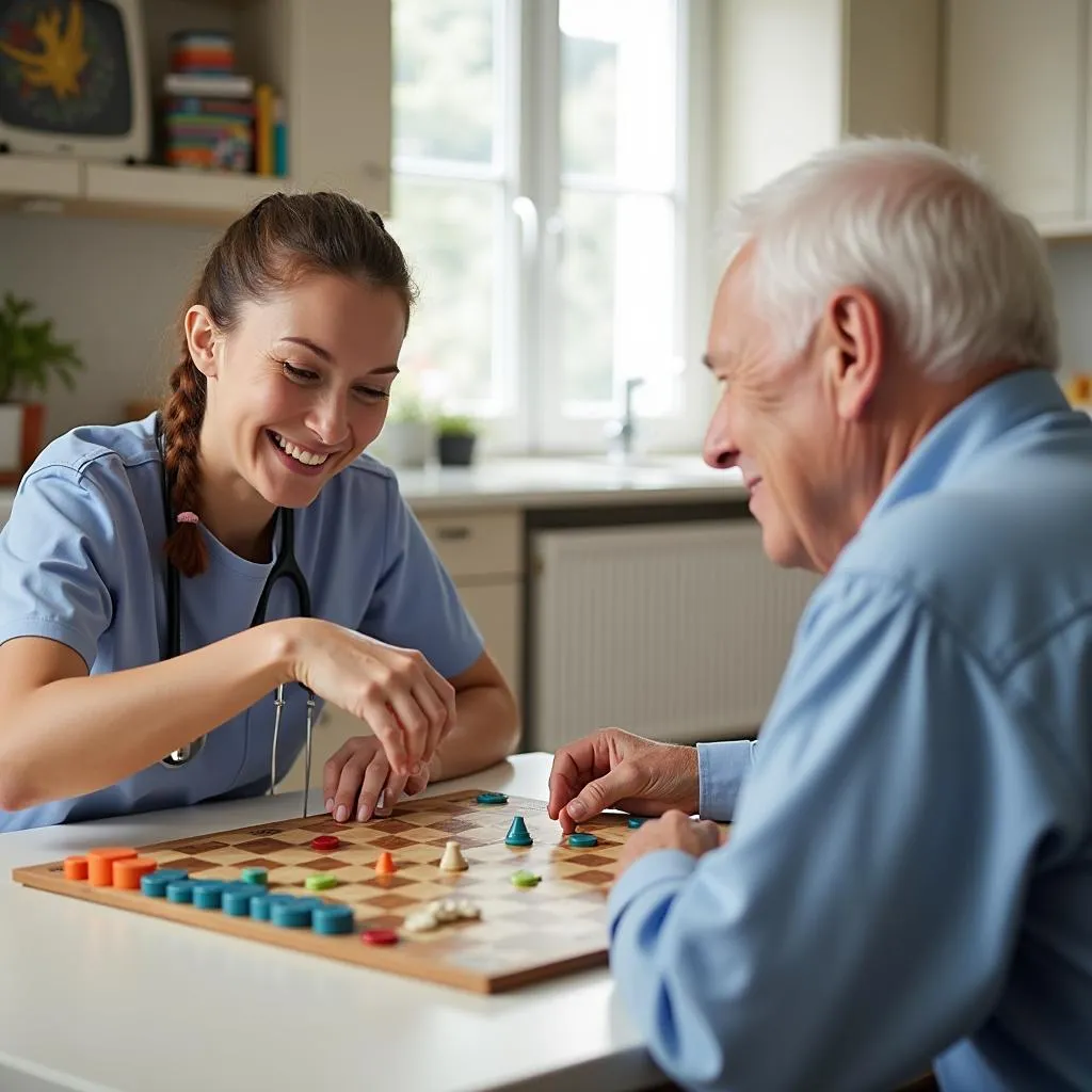 Home Care Aide Playing Board Game with Senior