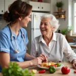 Senior woman receiving home care assistance