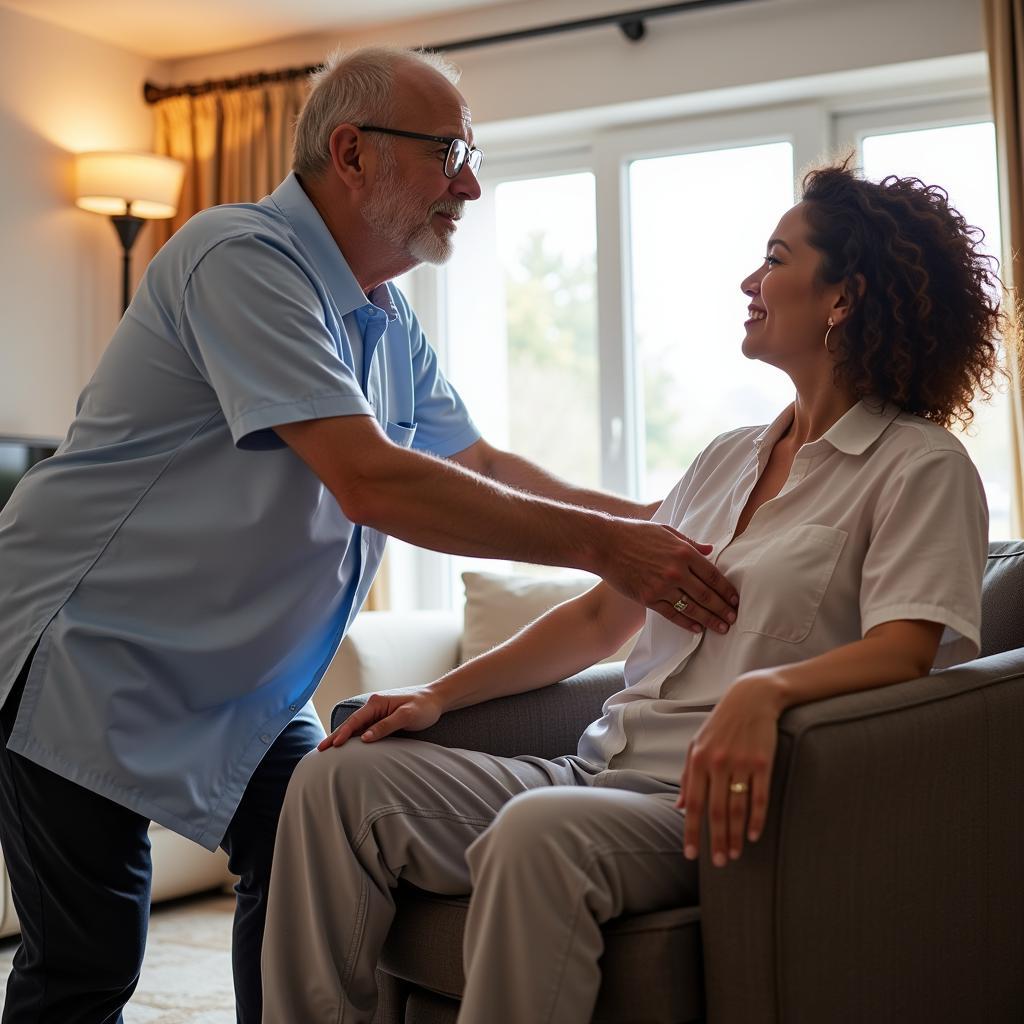 Caregiver assisting an elderly man at home