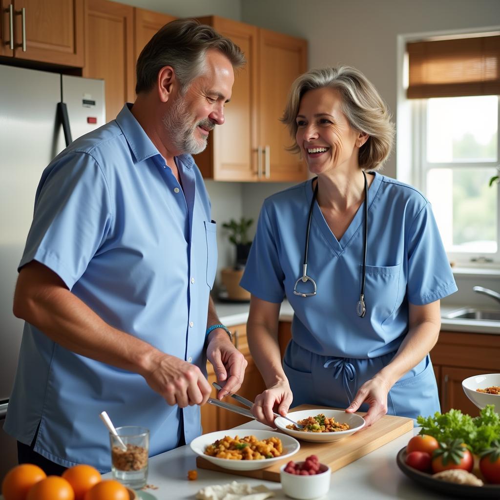 Home health aide helping an elderly man with meal preparation