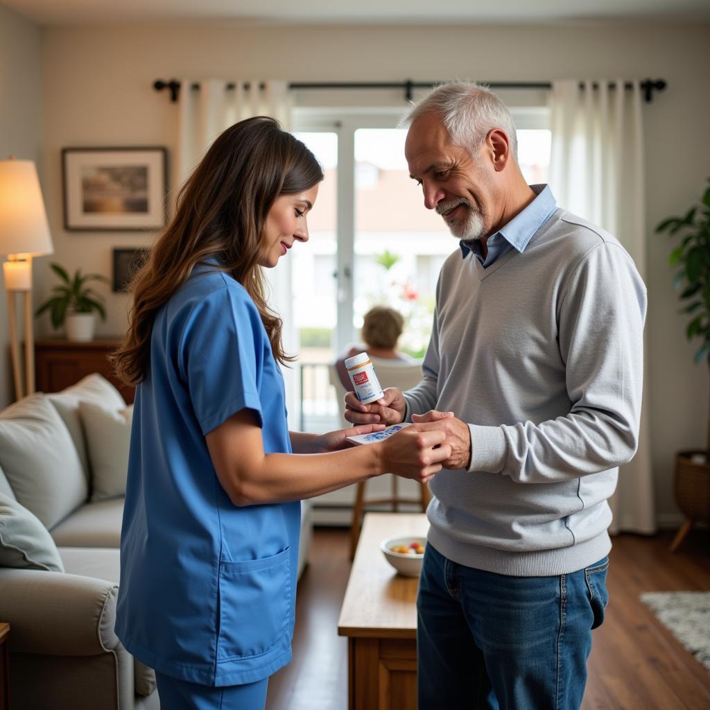 Home health aide assisting with medication