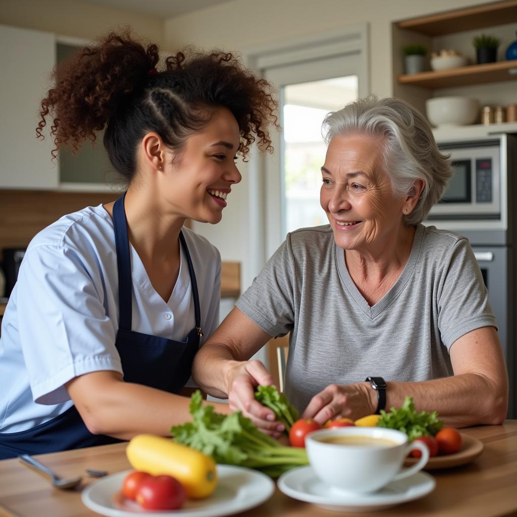 Home health aide preparing a meal for senior woman