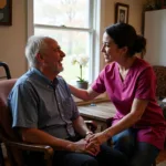 Home health aide and senior man smiling together