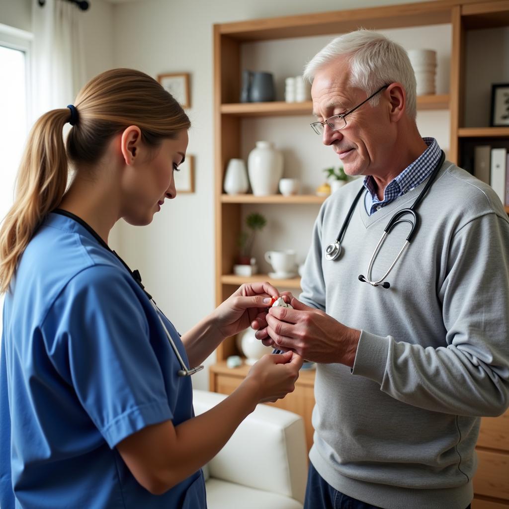 A nurse providing medication management to an elderly man at home