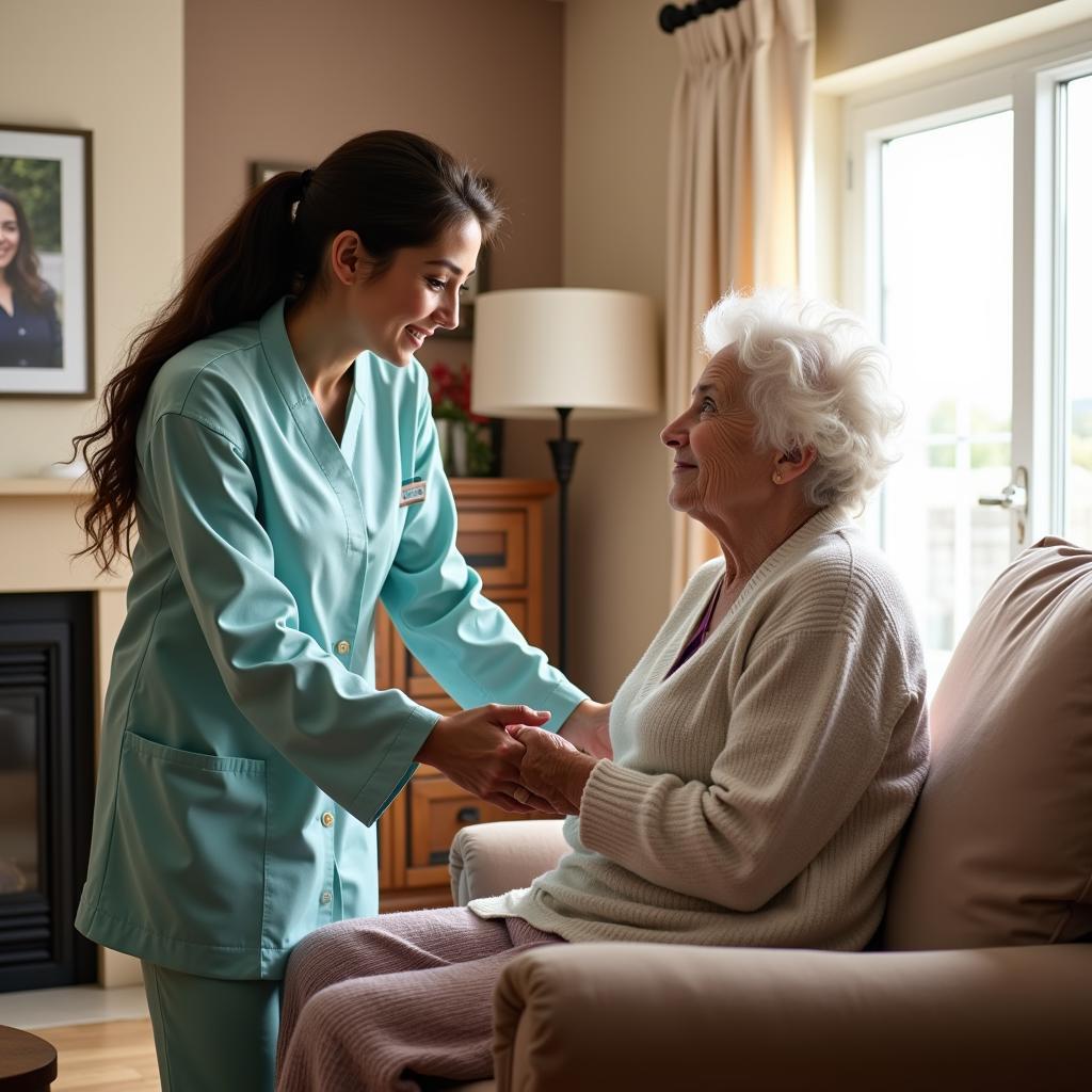 Home health care aide assisting senior with daily tasks