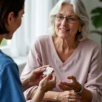 Home health aide assisting with medication