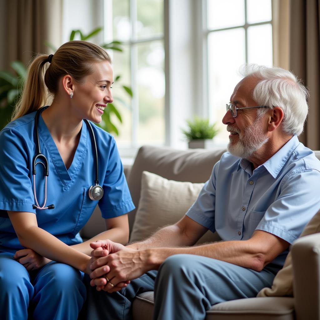 A home healthcare professional visits a patient in their living room