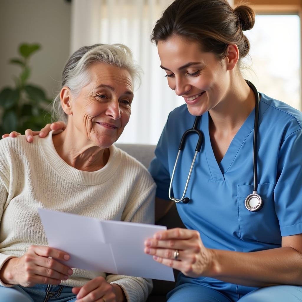 Home healthcare worker and a senior patient reviewing a service agreement