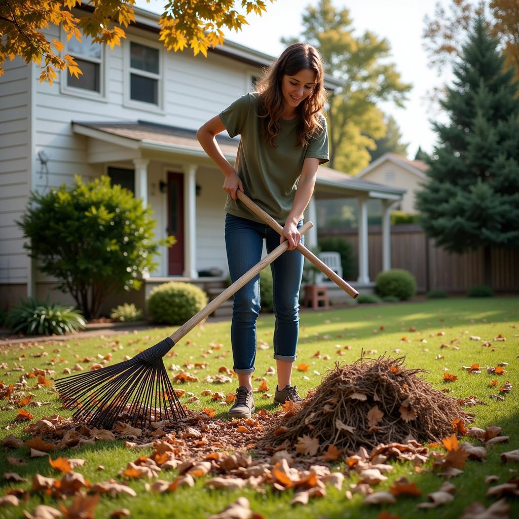 Homeowner Clearing Yard Debris to Deter Snakes