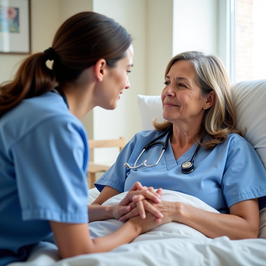 Hospice nurse providing comfort and emotional support to a patient.