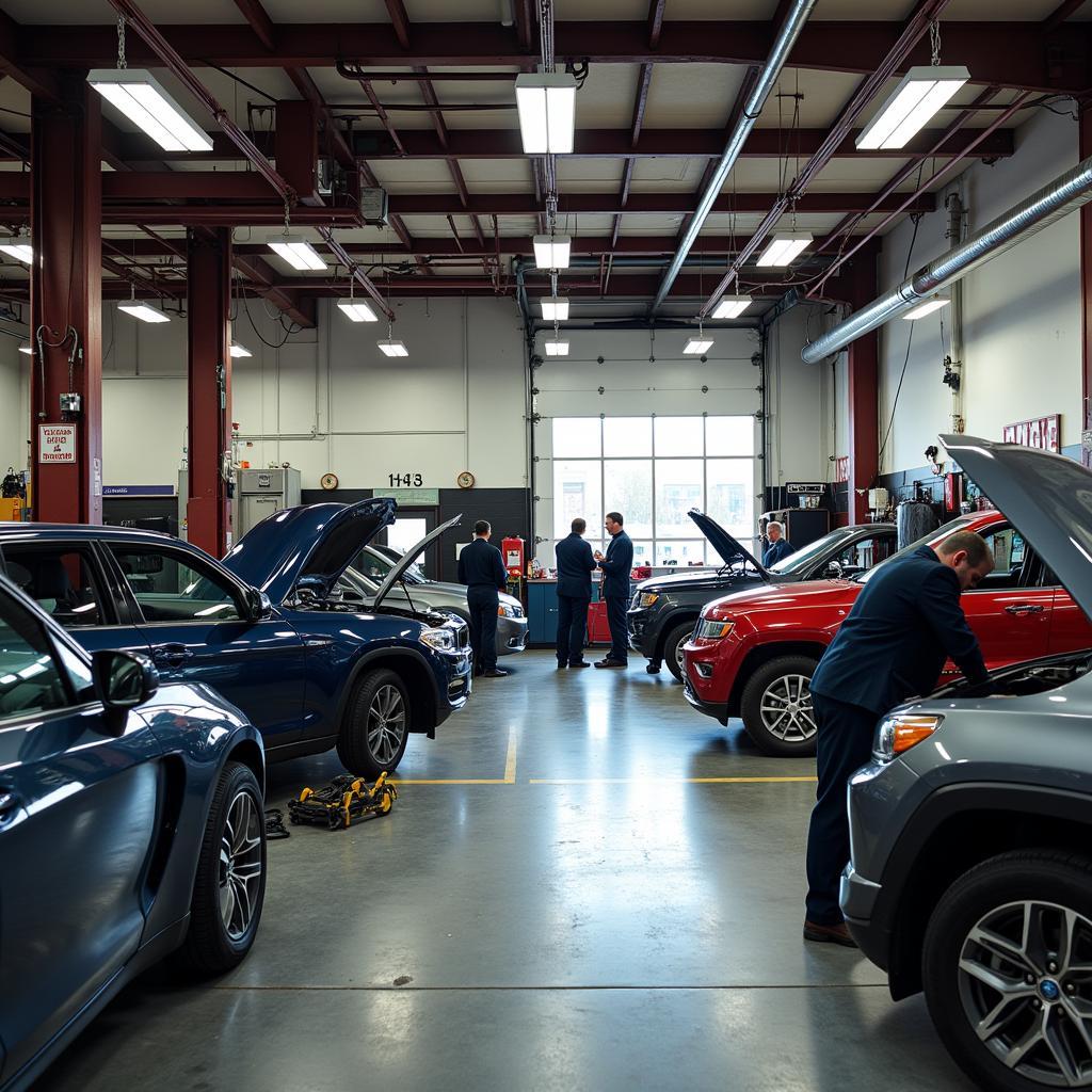 Busy Independent Auto Repair Shop with Mechanics Working