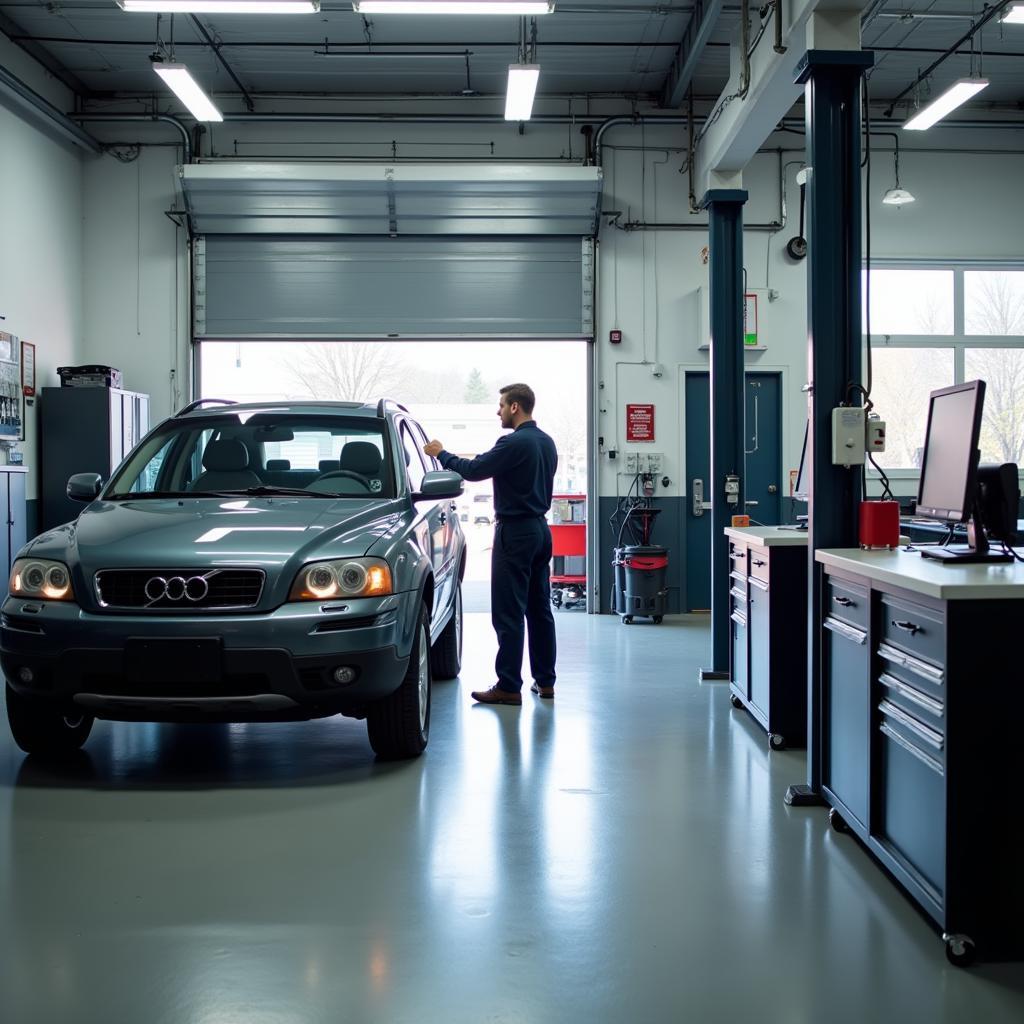 Mechanic inspecting a car in an independent repair shop