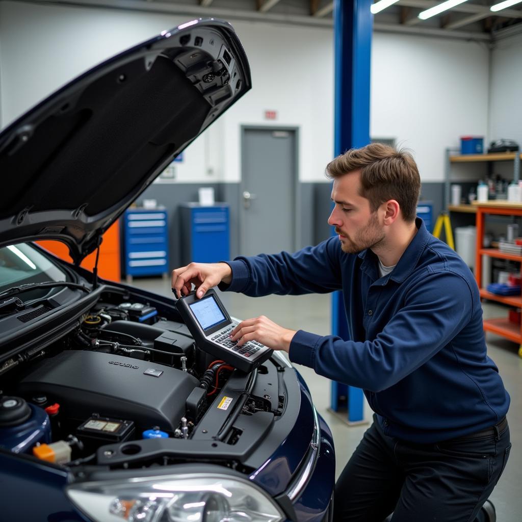 Mechanic inspecting car in an independent workshop