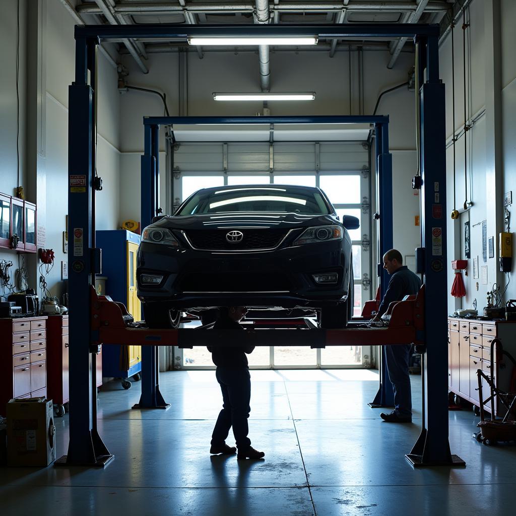 Car on lift in an independent mechanic shop