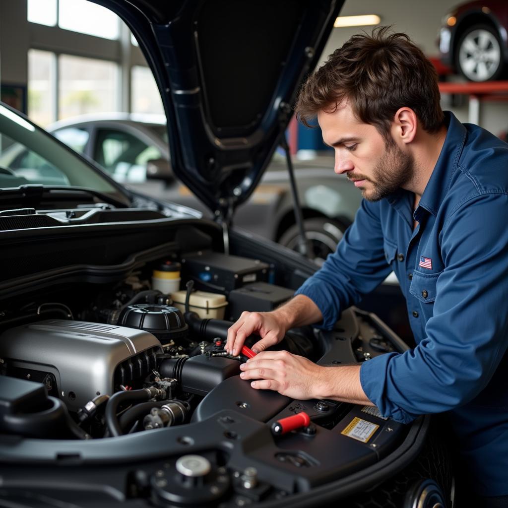 Mechanic working on a car engine in an independent shop