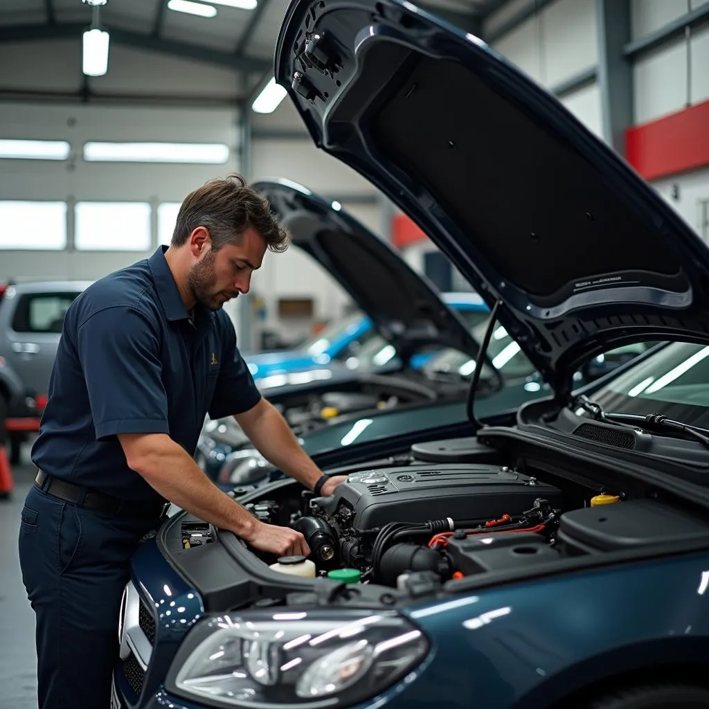 Independent Mercedes Mechanic Working on Engine