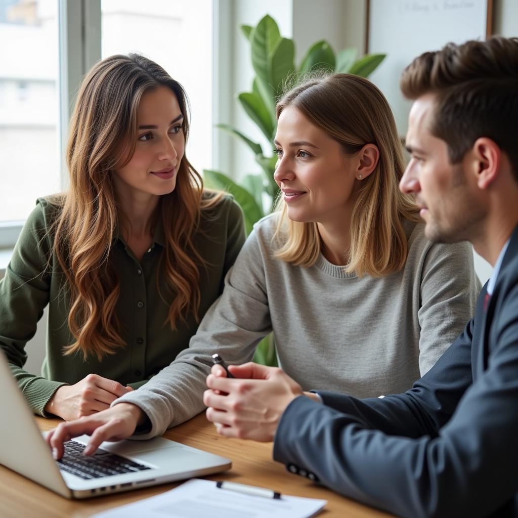 A compassionate insurance agent sitting with a family, offering support and explaining insurance options after a loss