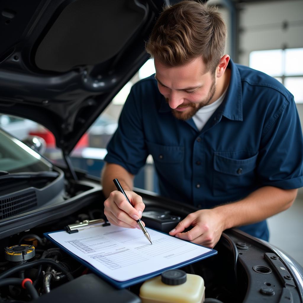 Mechanic inspecting car's fluids