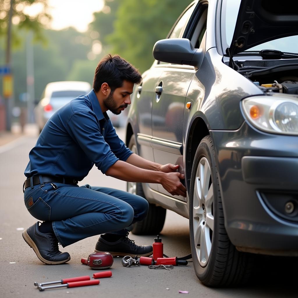 Mechanic repairing a car on the roadside in Jaipur