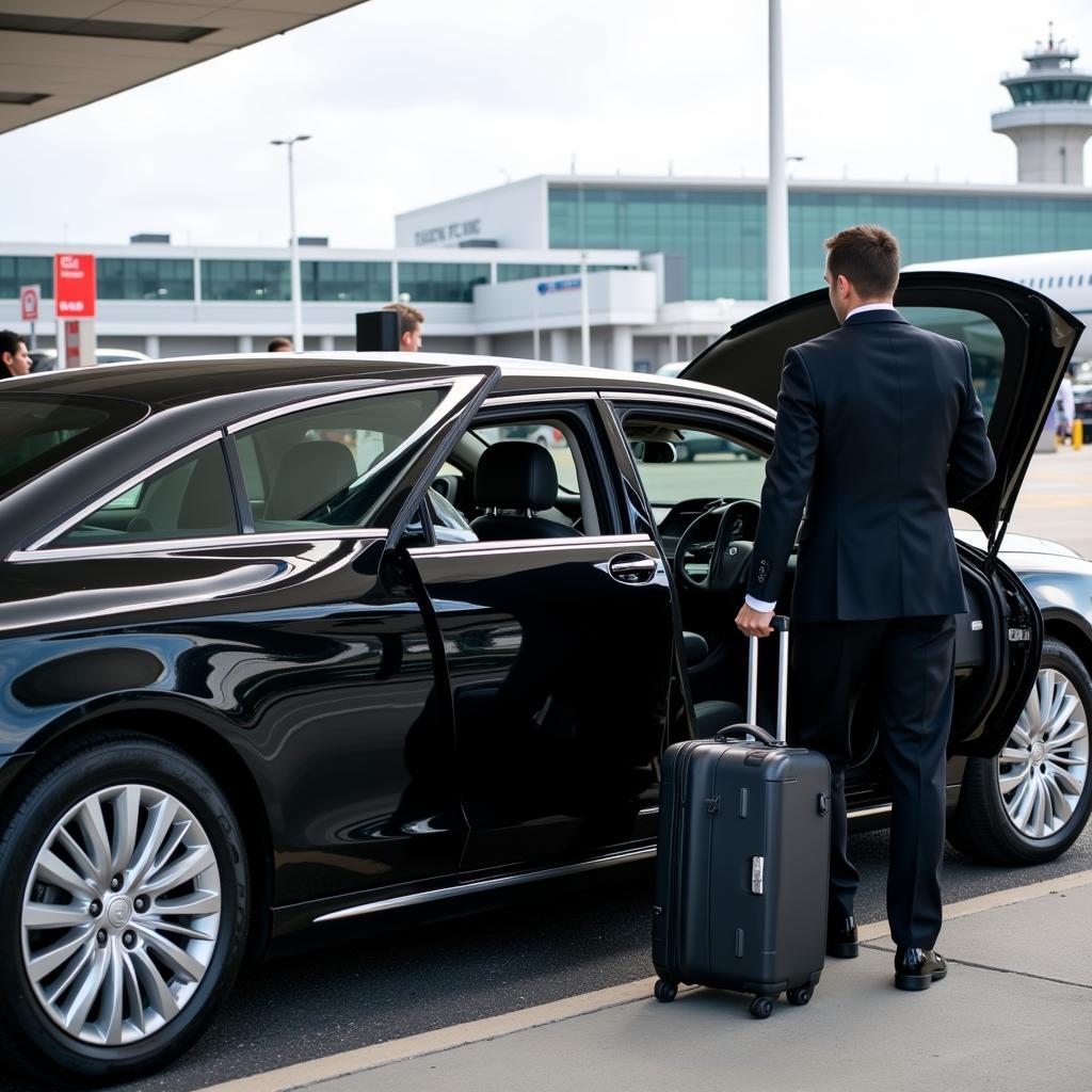 Luxury car service parked in front of JFK Airport with luggage loaded, ready for a comfortable ride to East Hampton.