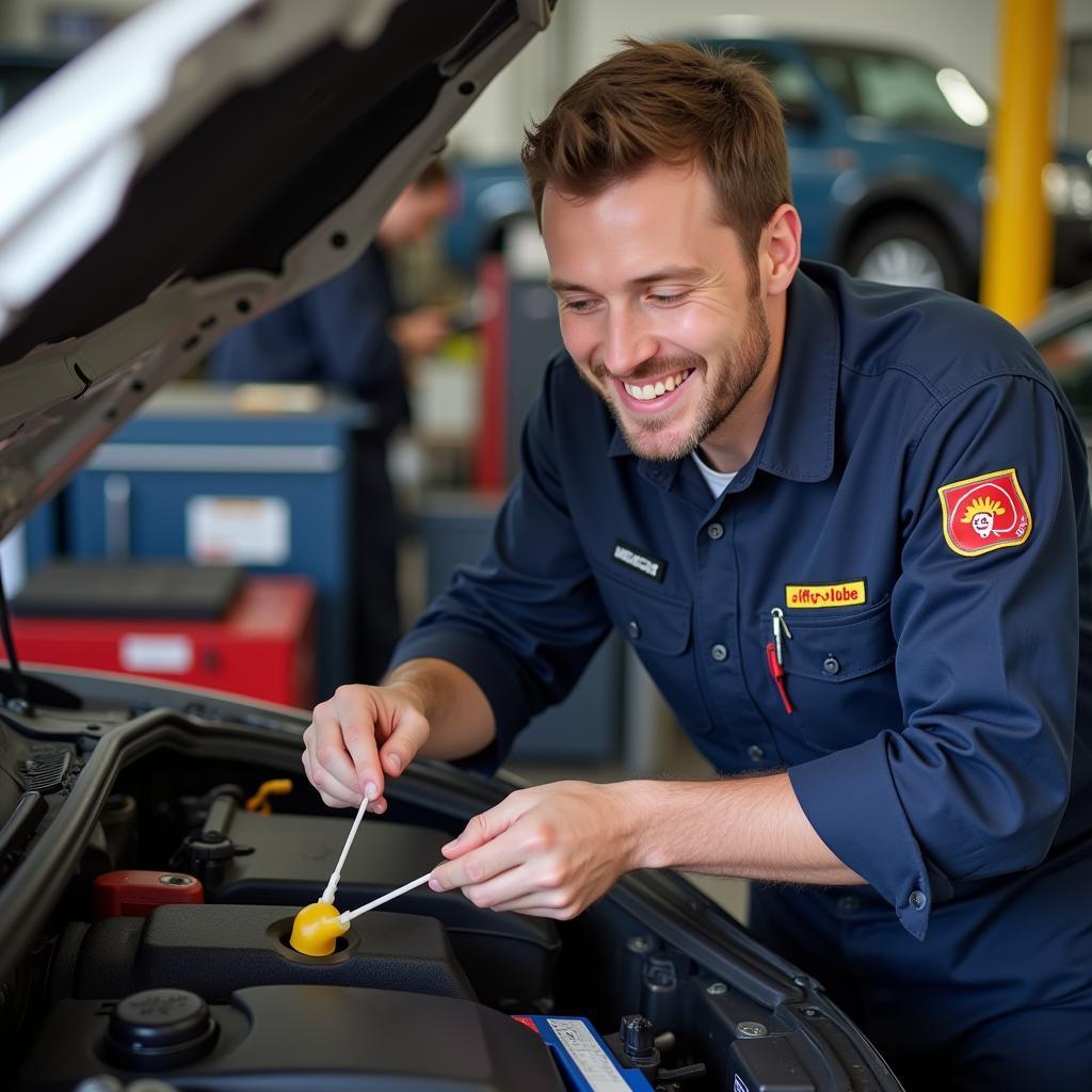 Jiffy Lube technician checking car oil