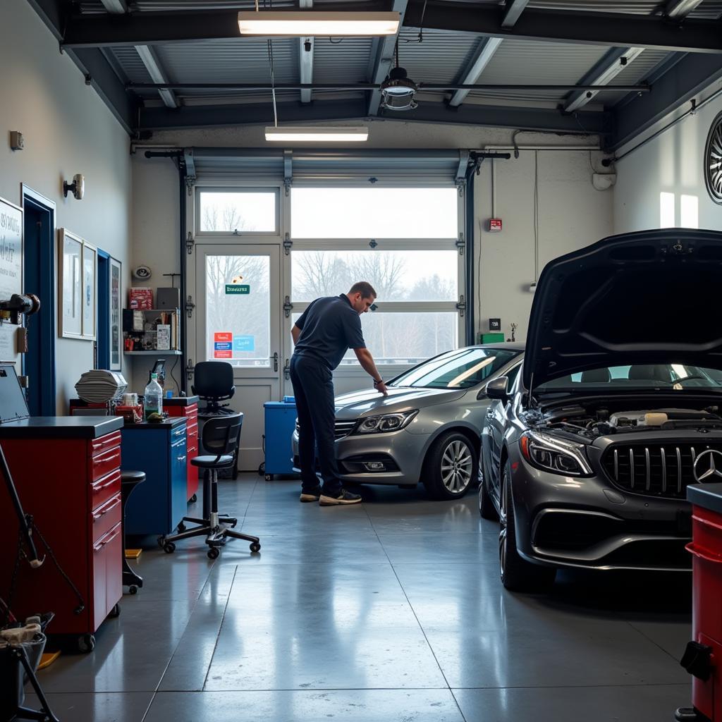 Kilmarnock car service garage interior with mechanic working on a vehicle