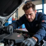 Kwik Fit Mechanic Inspecting Car