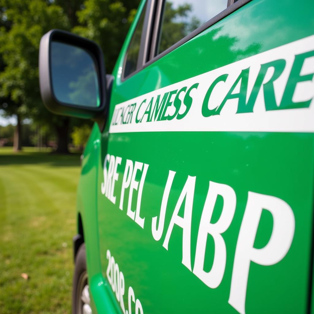 Business license displayed on a lawn care service van