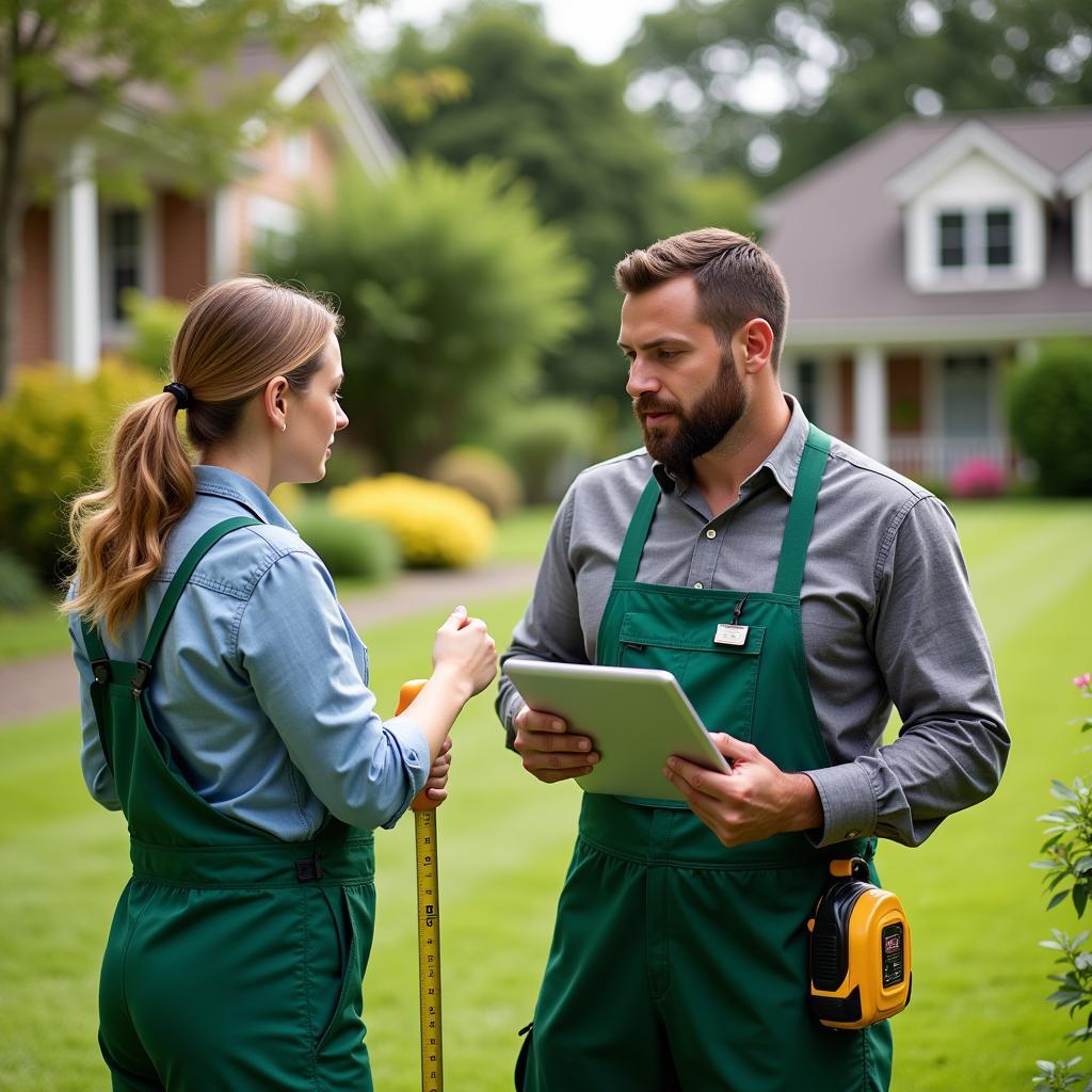 A lawn care professional discussing services with a homeowner